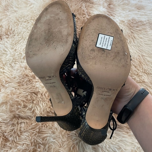 JIMMY CHOO | Black & Gold Snake Skin Print Suede Peep Toe Lace Up Heels | 39.5 9 - Picture 8 of 13